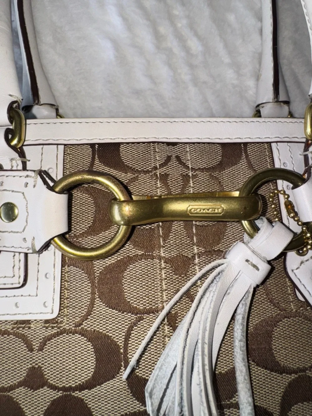 Vintage Coach Signature Canvas Satchel in Khaki and White Trim - Picture 7 of 16